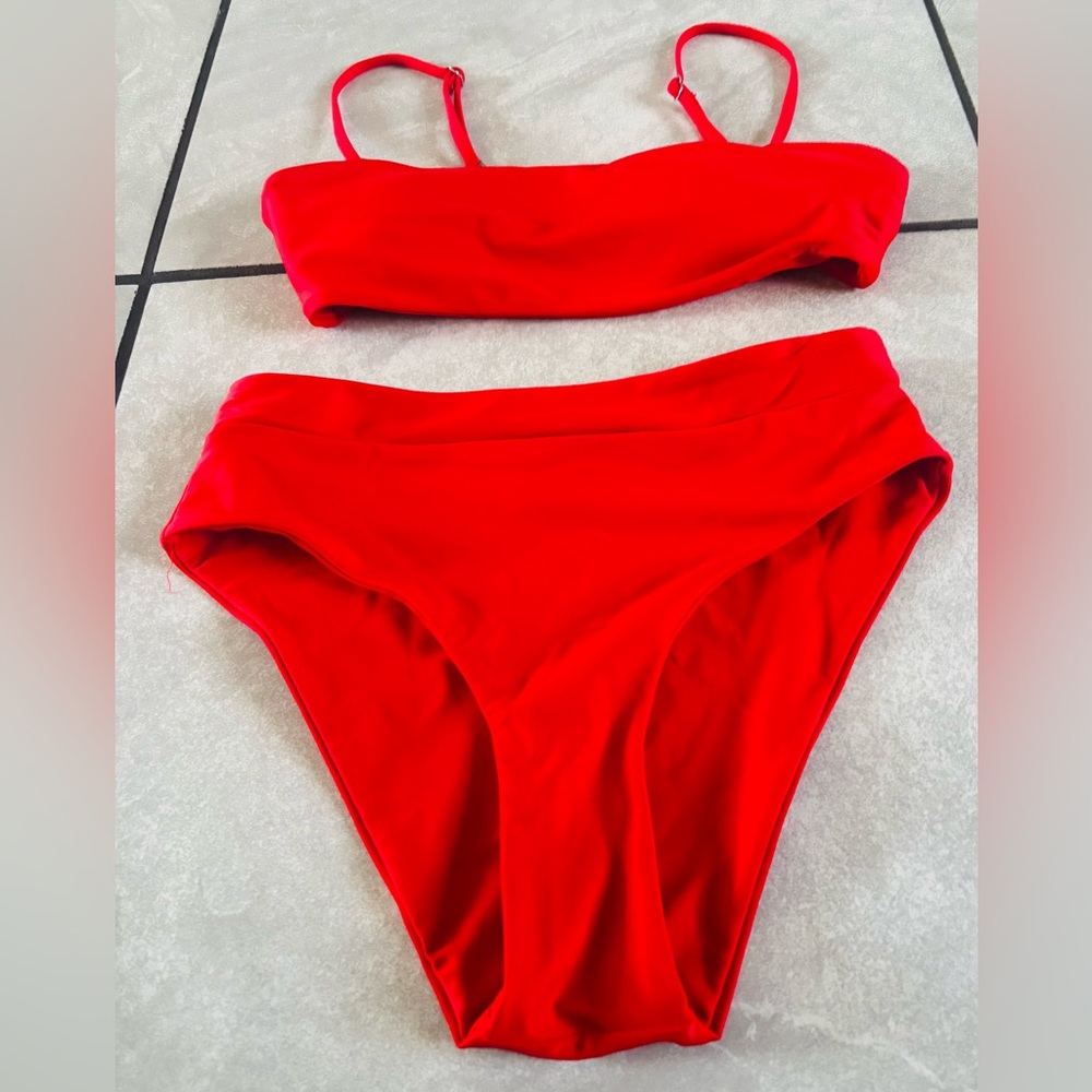 Vibrant Red High-Waisted Bandeau Bikini